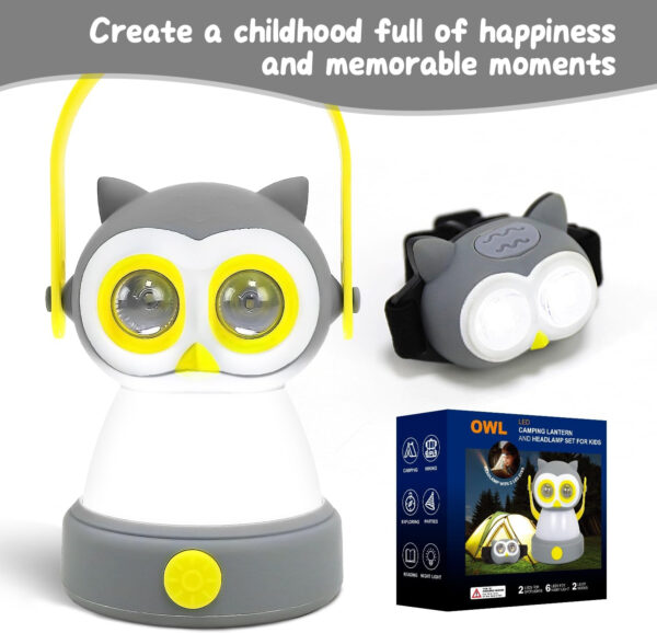 Portable LED Camping Lantern, Head Lamp Kit, Lightweight Battery Powered LED Flashlight for Indoor Outdoor, Kids Camping Gear Gift for Children's Day, Birthday, Easter, Adventure(Owl Set)