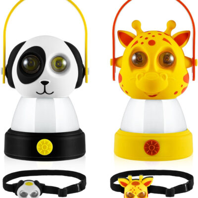 VIHOSE 2 Set Animal LED Camping Lantern and Headlamp 4 Pcs Animal Themed Camping Equipment Room Nightlight Battery Powered Night Light for Emergency, Hurricane, Lightweight Tent Lamp