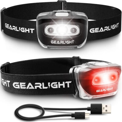 GearLight 2Pack LED Headlamp - Outdoor Camping Head Lamps with Adjustable Headband - Lightweight Battery Powered Bright Flashlight Headlight with 7 Modes and Pivotable Head and Red Light