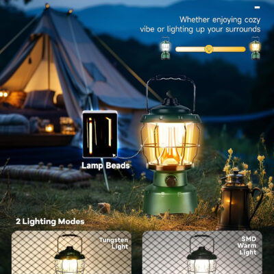 LED Camping Lantern, 2500LM Dimmable Vintage Rechargeable Lantern, Water Resistant Portable Emergency Lights for Camping, Home Power Outage, Hurricane, Hiking