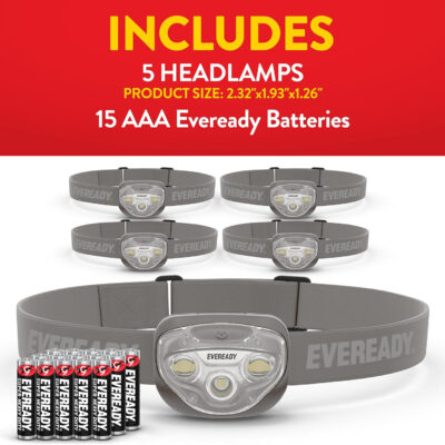 EVEREADY LED Headlamps Pro200 [5-Pack], IPX4 Water Resistant, Bright and Durable Head Lights for Camping, Hiking, Emergency Power Outage (Batteries Included)