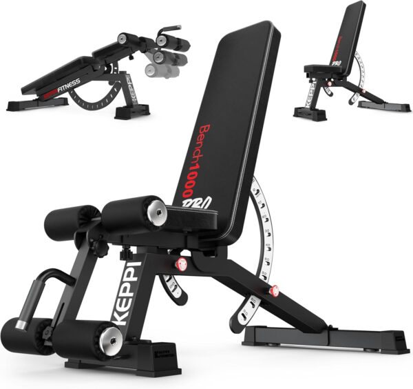 Keppi 1200LB Weight Bench, Heavy Duty Bench1000 PRO Adjustable Workout Bench Press Set for Home Gym Strength Training, Removable Foot Catch for Incline Flat Decline Sit Up Bench for Full Body Fitness