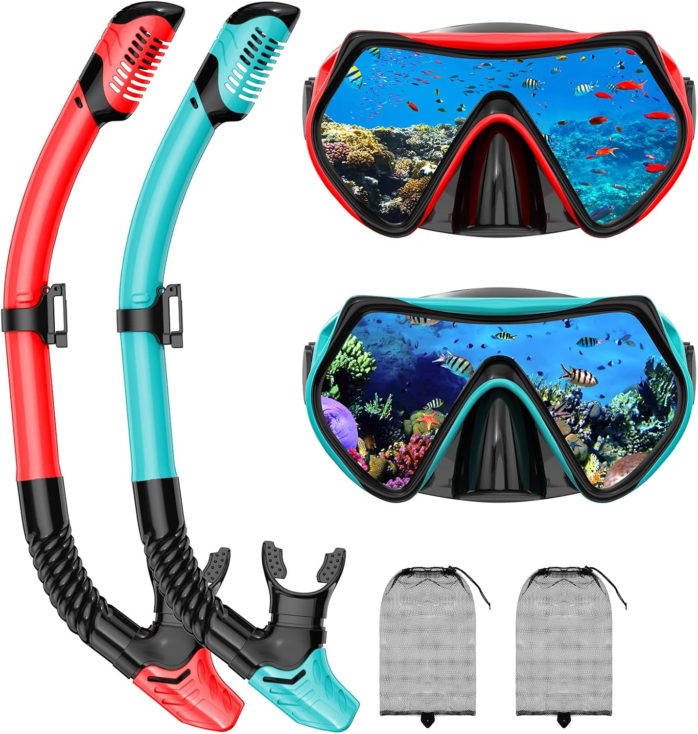 Snorkeling Gear for Adults, Adult Snorkel Mask Set Scuba Diving Dry-Top, Swimming Goggles w/Nose Cover, HD Tempered Glass Panoramic Anti-Leak Anti-Fog, Travel Snorkeling Packages Storage Bag, 2 Pack