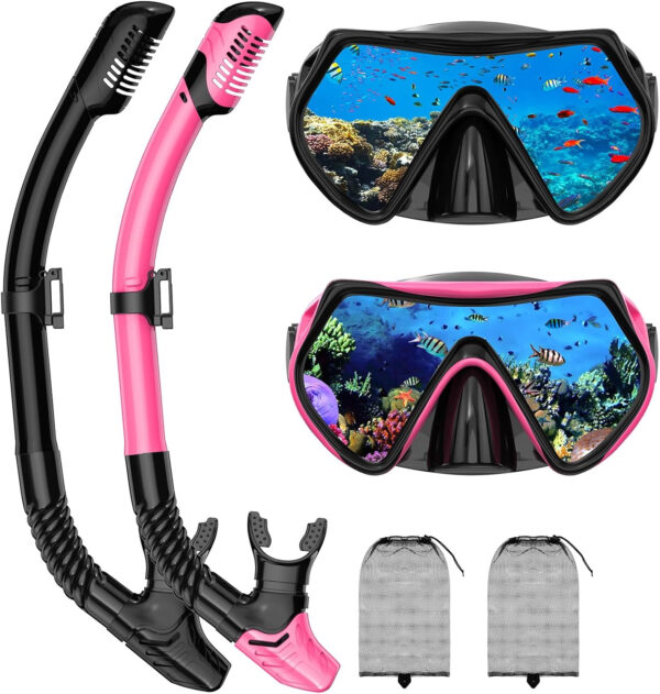 689c2e348661f080da48a43dae306b9d025e20c8b00bd4ddb9fa3.jpg Snorkeling Gear for Adults, Adult Snorkel Mask Set Scuba Diving Dry-Top, Swimming Goggles w/Nose Cover, HD Tempered Glass Panoramic Anti-Leak Anti-Fog, Travel Snorkeling Packages Storage Bag, 2 Pack