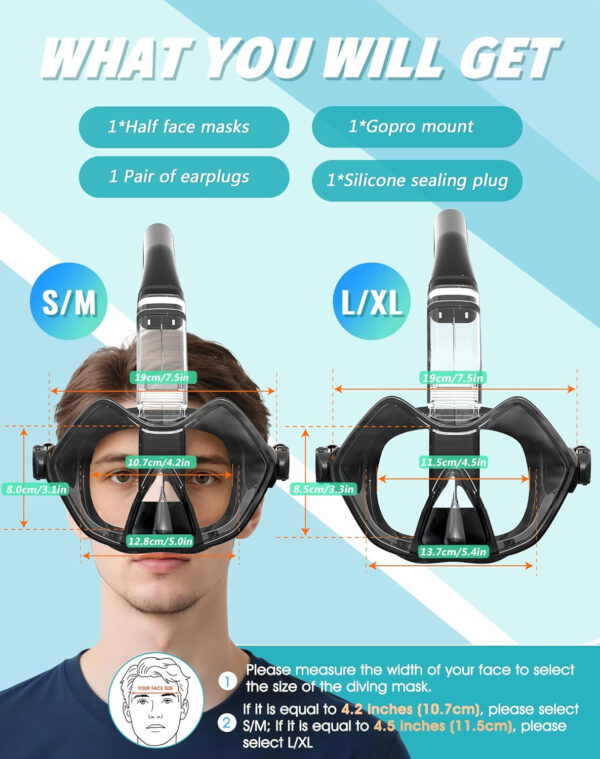 689c301c0b8b498d7c01a1bb3b97e5f66397c88da89220f3278eb.jpg Greatever Half Face Diving Mask, Innovative with Nose Breathing, Comfortable & Breathable Fit,Detachable Breathing Tube,and Home Water Sports