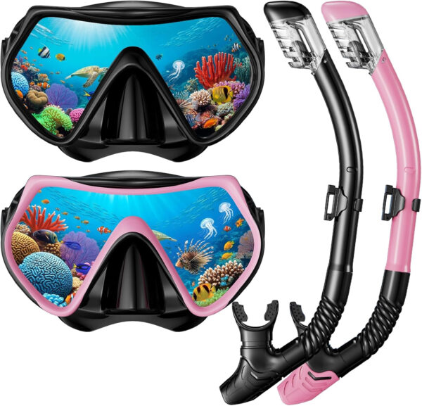 Snorkeling Gear for Adults Men Women, Dry-Top Snorkel Set Scuba Diving Mask, 180° Panoramic Wide View, Professional Breathing Freely Snorkel Goggles Kit with Nose Cover for Snorkeling Swimming, Travel