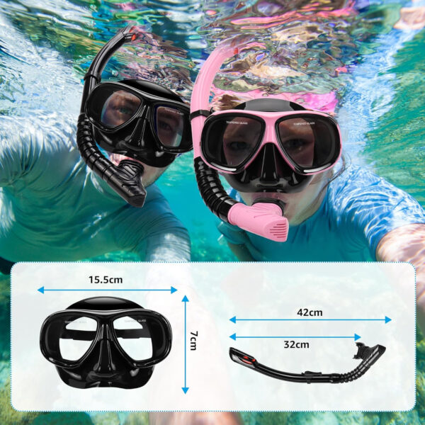 689c32e35b7c662125bc77643a53036d8e93bcc7421856e535496.jpg Snorkeling Gear for Adults, Snorkel Mask Adult Set Wide View Scuba Mask Anti-Leak and Anti-Fog Tempered Glass Lens Dry Top Mask Nose Cover for Youth (Black)