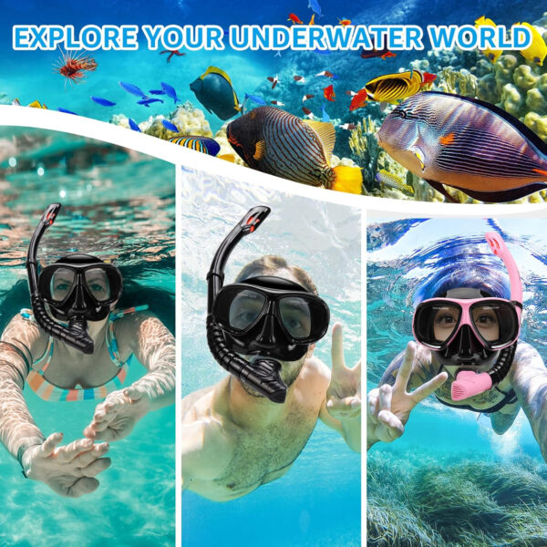 689c32e55ef281cb285626526aae47d1a2ccc5928f1361e847a28.jpg Snorkeling Gear for Adults, Snorkel Mask Adult Set Wide View Scuba Mask Anti-Leak and Anti-Fog Tempered Glass Lens Dry Top Mask Nose Cover for Youth (Black)