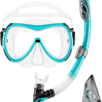 OutdoorMaster Mobula Snorkeling Gear for Adults, Diving Mask and Snorkel Set with Tempered Glass Anti-Fog, TOP Dry Snorkel for Diving Snorkeling Swimming