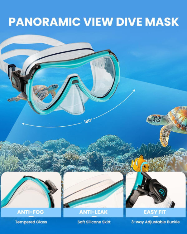 OutdoorMaster Mobula Snorkeling Gear for Adults, Diving Mask and Snorkel Set with Tempered Glass Anti-Fog, TOP Dry Snorkel for Diving Snorkeling Swimming