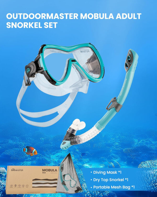 OutdoorMaster Mobula Snorkeling Gear for Adults, Diving Mask and Snorkel Set with Tempered Glass Anti-Fog, TOP Dry Snorkel for Diving Snorkeling Swimming