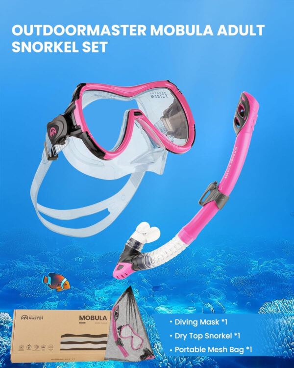 OutdoorMaster Mobula Snorkeling Gear for Adults, Diving Mask and Snorkel Set with Tempered Glass Anti-Fog, TOP Dry Snorkel for Diving Snorkeling Swimming