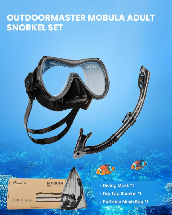 OutdoorMaster Mobula Snorkeling Gear for Adults, Diving Mask and Snorkel Set with Tempered Glass Anti-Fog, TOP Dry Snorkel for Diving Snorkeling Swimming