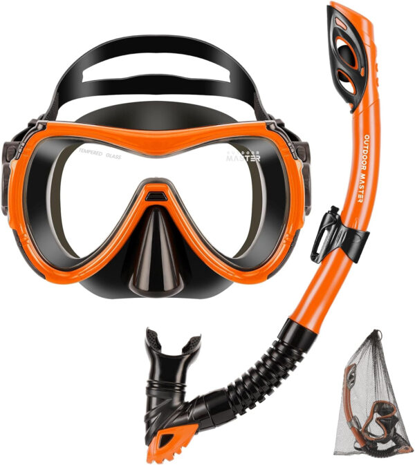 OutdoorMaster Mobula Snorkeling Gear for Adults, Diving Mask and Snorkel Set with Tempered Glass Anti-Fog, TOP Dry Snorkel for Diving Snorkeling Swimming