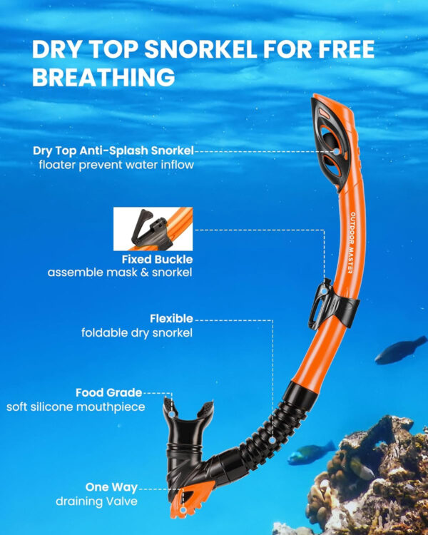 OutdoorMaster Mobula Snorkeling Gear for Adults, Diving Mask and Snorkel Set with Tempered Glass Anti-Fog, TOP Dry Snorkel for Diving Snorkeling Swimming