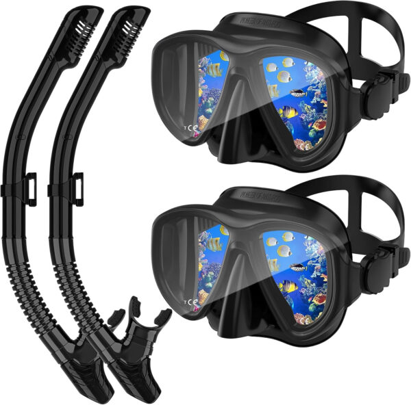 Snorkeling Gear for Adults, Dry Top Snorkel Mask Set 2 Pack Scuba Diving Mask Snorkel Gear Anti Fog Snorkeling Packages Tempered Glass Panoramic View Nose Cover