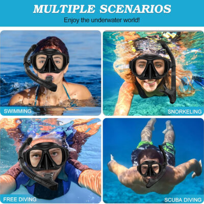 Snorkeling Gear for Adults, Dry Top Snorkel Mask Set 2 Pack Scuba Diving Mask Snorkel Gear Anti Fog Snorkeling Packages Tempered Glass Panoramic View Nose Cover