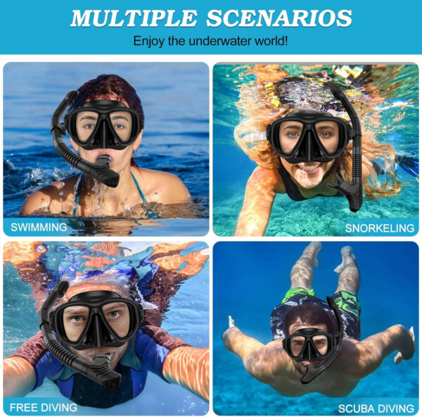 Snorkeling Gear for Adults, Dry Top Snorkel Mask Set 2 Pack Scuba Diving Mask Snorkel Gear Anti Fog Snorkeling Packages Tempered Glass Panoramic View Nose Cover