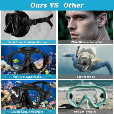 Snorkeling Gear for Adults, Dry Top Snorkel Mask Set 2 Pack Scuba Diving Mask Snorkel Gear Anti Fog Snorkeling Packages Tempered Glass Panoramic View Nose Cover