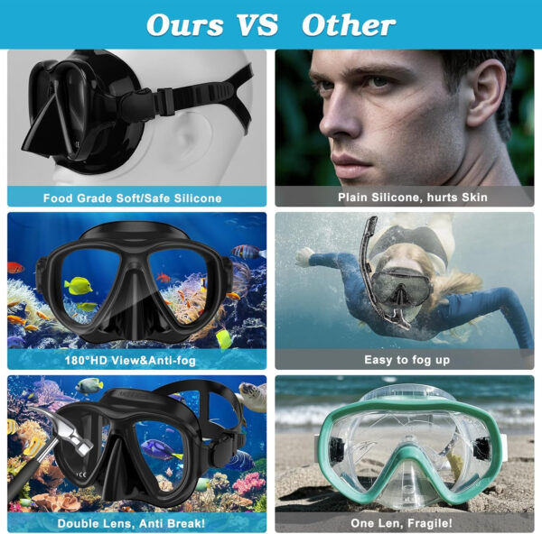 Snorkeling Gear for Adults, Dry Top Snorkel Mask Set 2 Pack Scuba Diving Mask Snorkel Gear Anti Fog Snorkeling Packages Tempered Glass Panoramic View Nose Cover
