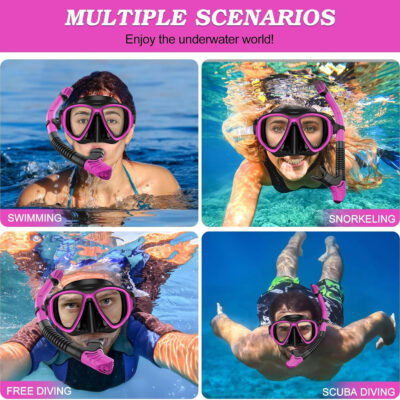 Snorkeling Gear for Adults, Dry Top Snorkel Mask Set 2 Pack Scuba Diving Mask Snorkel Gear Anti Fog Snorkeling Packages Tempered Glass Panoramic View Nose Cover