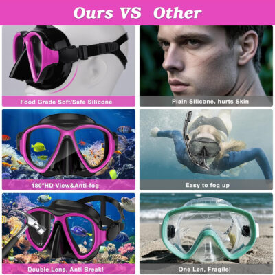 Snorkeling Gear for Adults, Dry Top Snorkel Mask Set 2 Pack Scuba Diving Mask Snorkel Gear Anti Fog Snorkeling Packages Tempered Glass Panoramic View Nose Cover