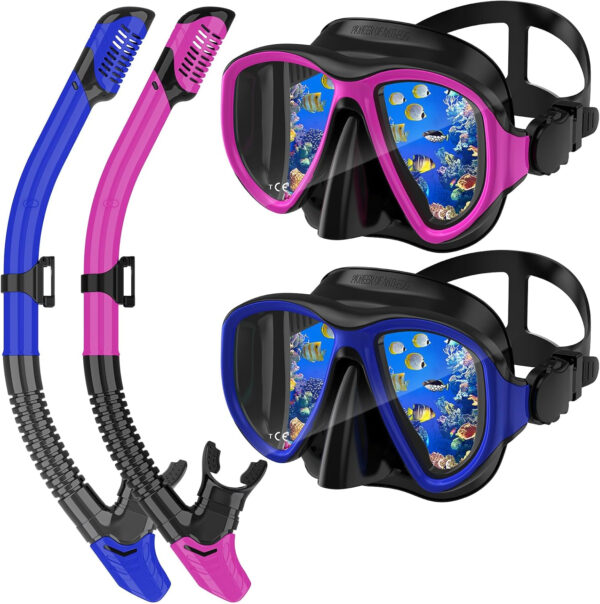 Snorkeling Gear for Adults, Dry Top Snorkel Mask Set 2 Pack Scuba Diving Mask Snorkel Gear Anti Fog Snorkeling Packages Tempered Glass Panoramic View Nose Cover