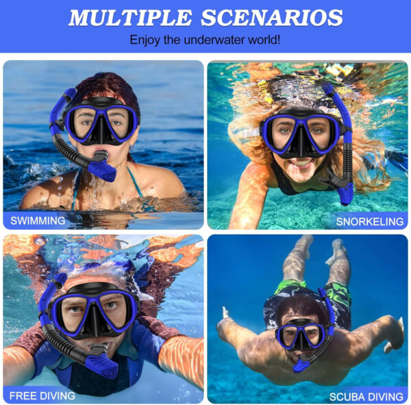 Snorkeling Gear for Adults, Dry Top Snorkel Mask Set 2 Pack Scuba Diving Mask Snorkel Gear Anti Fog Snorkeling Packages Tempered Glass Panoramic View Nose Cover