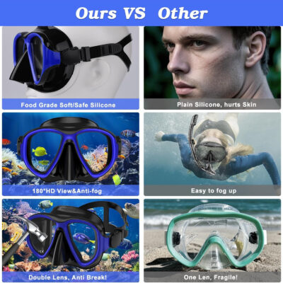 Snorkeling Gear for Adults, Dry Top Snorkel Mask Set 2 Pack Scuba Diving Mask Snorkel Gear Anti Fog Snorkeling Packages Tempered Glass Panoramic View Nose Cover