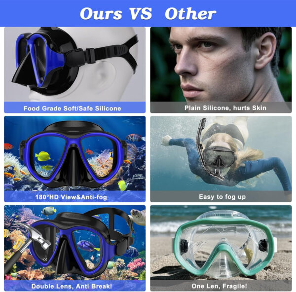 Snorkeling Gear for Adults, Dry Top Snorkel Mask Set 2 Pack Scuba Diving Mask Snorkel Gear Anti Fog Snorkeling Packages Tempered Glass Panoramic View Nose Cover