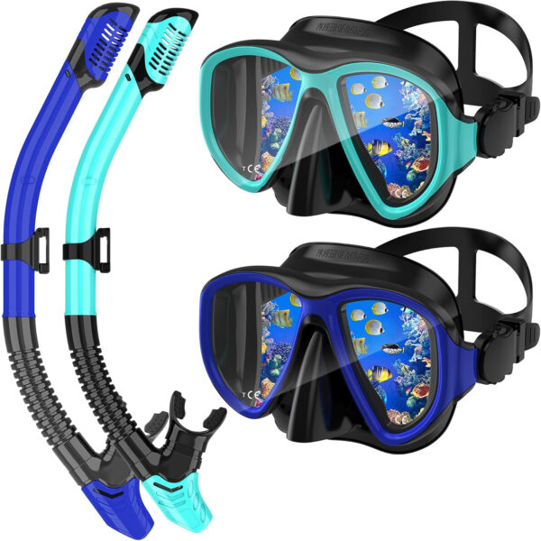 Snorkeling Gear for Adults, Dry Top Snorkel Mask Set 2 Pack Scuba Diving Mask Snorkel Gear Anti Fog Snorkeling Packages Tempered Glass Panoramic View Nose Cover