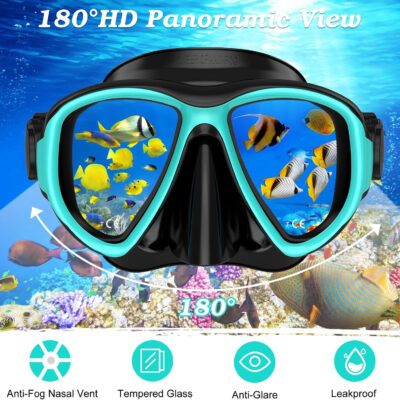 Snorkeling Gear for Adults, Dry Top Snorkel Mask Set 2 Pack Scuba Diving Mask Snorkel Gear Anti Fog Snorkeling Packages Tempered Glass Panoramic View Nose Cover