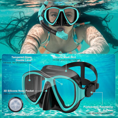Snorkeling Gear for Adults, Dry Top Snorkel Mask Set 2 Pack Scuba Diving Mask Snorkel Gear Anti Fog Snorkeling Packages Tempered Glass Panoramic View Nose Cover