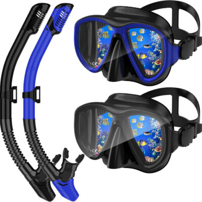 Snorkeling Gear for Adults, Dry Top Snorkel Mask Set 2 Pack Scuba Diving Mask Snorkel Gear Anti Fog Snorkeling Packages Tempered Glass Panoramic View Nose Cover