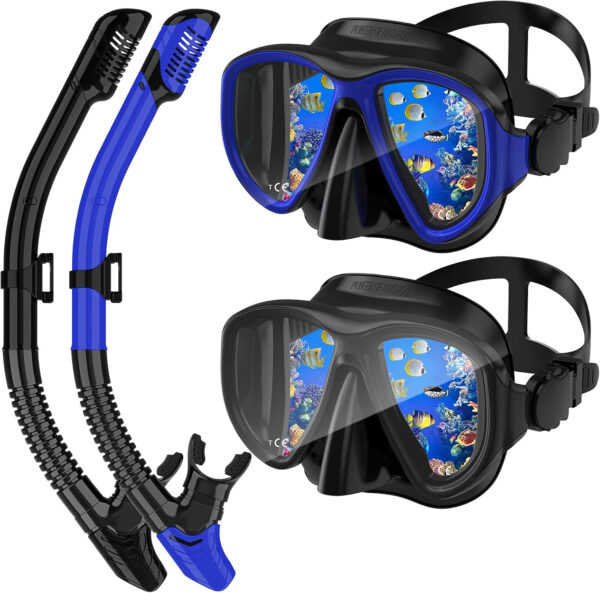 Snorkeling Gear for Adults, Dry Top Snorkel Mask Set 2 Pack Scuba Diving Mask Snorkel Gear Anti Fog Snorkeling Packages Tempered Glass Panoramic View Nose Cover