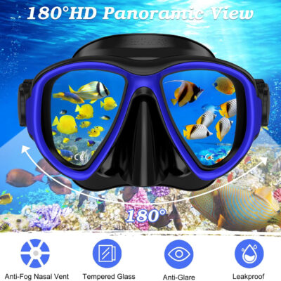 Snorkeling Gear for Adults, Dry Top Snorkel Mask Set 2 Pack Scuba Diving Mask Snorkel Gear Anti Fog Snorkeling Packages Tempered Glass Panoramic View Nose Cover