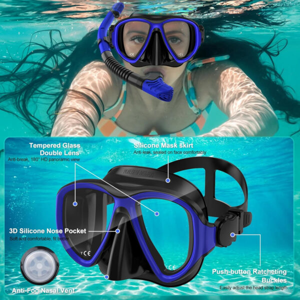 Snorkeling Gear for Adults, Dry Top Snorkel Mask Set 2 Pack Scuba Diving Mask Snorkel Gear Anti Fog Snorkeling Packages Tempered Glass Panoramic View Nose Cover