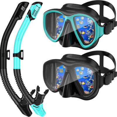 Snorkeling Gear for Adults, Dry Top Snorkel Mask Set 2 Pack Scuba Diving Mask Snorkel Gear Anti Fog Snorkeling Packages Tempered Glass Panoramic View Nose Cover