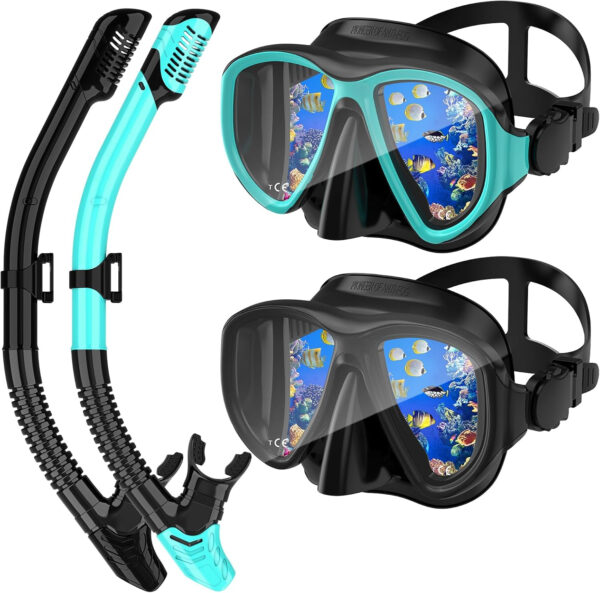 Snorkeling Gear for Adults, Dry Top Snorkel Mask Set 2 Pack Scuba Diving Mask Snorkel Gear Anti Fog Snorkeling Packages Tempered Glass Panoramic View Nose Cover