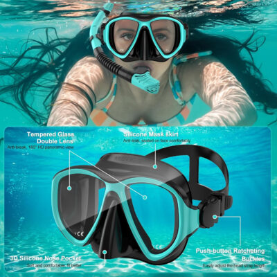 Snorkeling Gear for Adults, Dry Top Snorkel Mask Set 2 Pack Scuba Diving Mask Snorkel Gear Anti Fog Snorkeling Packages Tempered Glass Panoramic View Nose Cover