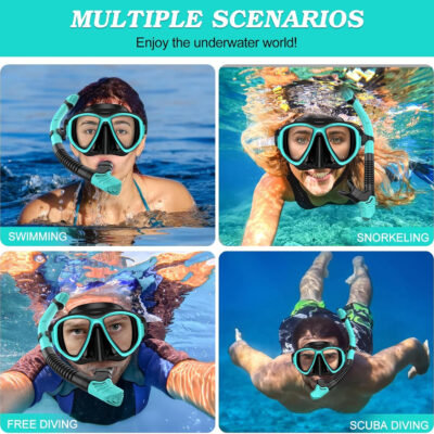 Snorkeling Gear for Adults, Dry Top Snorkel Mask Set 2 Pack Scuba Diving Mask Snorkel Gear Anti Fog Snorkeling Packages Tempered Glass Panoramic View Nose Cover