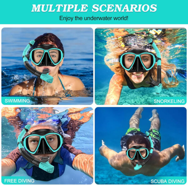 Snorkeling Gear for Adults, Dry Top Snorkel Mask Set 2 Pack Scuba Diving Mask Snorkel Gear Anti Fog Snorkeling Packages Tempered Glass Panoramic View Nose Cover