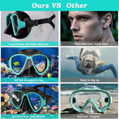 Snorkeling Gear for Adults, Dry Top Snorkel Mask Set 2 Pack Scuba Diving Mask Snorkel Gear Anti Fog Snorkeling Packages Tempered Glass Panoramic View Nose Cover
