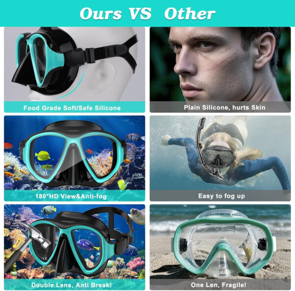 Snorkeling Gear for Adults, Dry Top Snorkel Mask Set 2 Pack Scuba Diving Mask Snorkel Gear Anti Fog Snorkeling Packages Tempered Glass Panoramic View Nose Cover