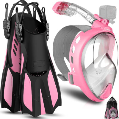 689c3563b8474aaaf8df5a4484de9e3f52e8a51a991c1b235868c.jpg Odoland Snorkeling Packages for Adults & Youth, Full Face Snorkel Mask with Camera Mount, Adjustable Swim Fins, Mesh Bag, Anti-Fog Anti-Leak Scuba Diving Gear for Men & Women
