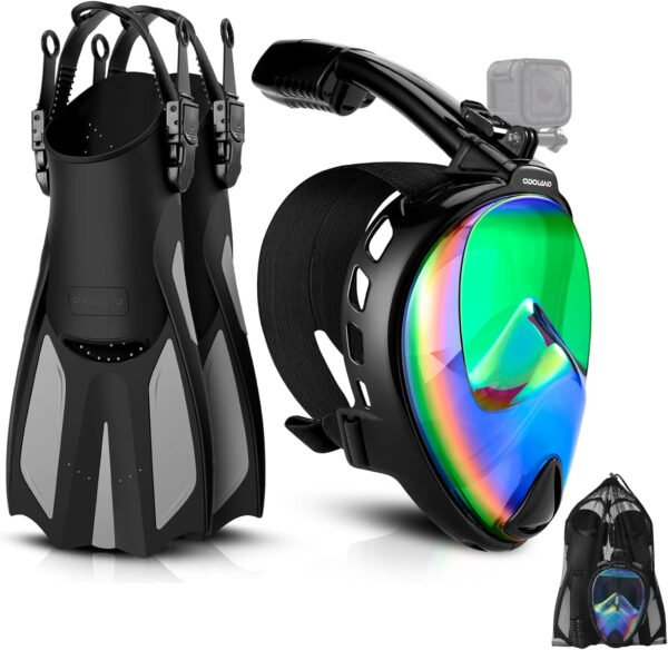 689c356594b8fce52607637a66e4b6a0a6d1117566e51137958e7.jpg Odoland Snorkeling Packages for Adults & Youth, Full Face Snorkel Mask with Camera Mount, Adjustable Swim Fins, Mesh Bag, Anti-Fog Anti-Leak Scuba Diving Gear for Men & Women