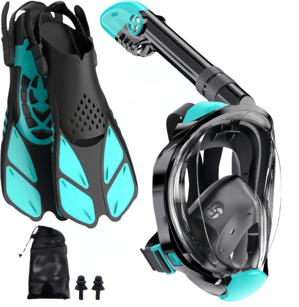 Snorkeling Gear for Adults: Dry Top Full Face Snorkel Mask & Adjustable Swim Fins Snorkel Set,Panoramic View,Safe Breathing System Anti-Leak Anti-Fog