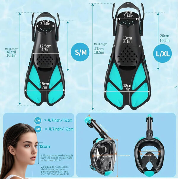 Snorkeling Gear for Adults: Dry Top Full Face Snorkel Mask & Adjustable Swim Fins Snorkel Set,Panoramic View,Safe Breathing System Anti-Leak Anti-Fog