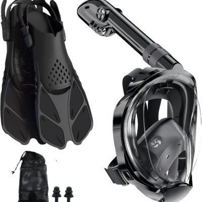 Snorkeling Gear for Adults: Dry Top Full Face Snorkel Mask & Adjustable Swim Fins Snorkel Set,Panoramic View,Safe Breathing System Anti-Leak Anti-Fog