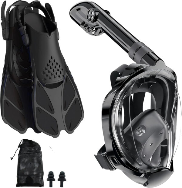 Snorkeling Gear for Adults: Dry Top Full Face Snorkel Mask & Adjustable Swim Fins Snorkel Set,Panoramic View,Safe Breathing System Anti-Leak Anti-Fog